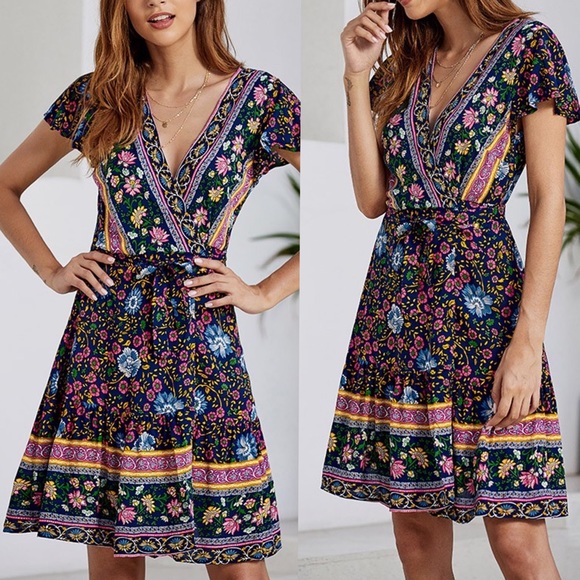 Moody Floral Wrap Dress Blue Boho Mini Dress - Picture 2 of 7